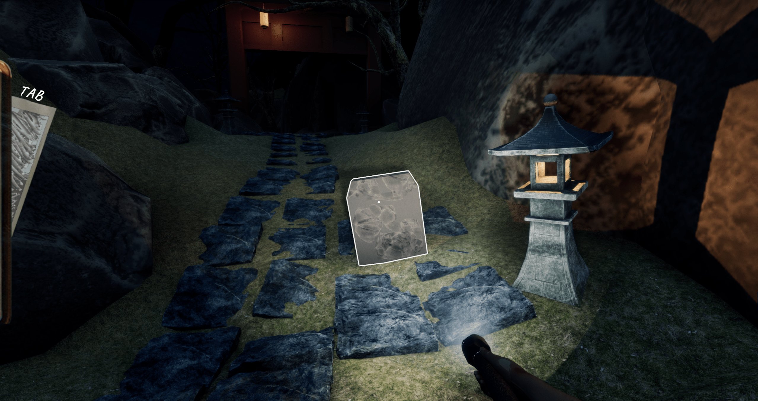 A night temple entrance path with evidence UI visible.