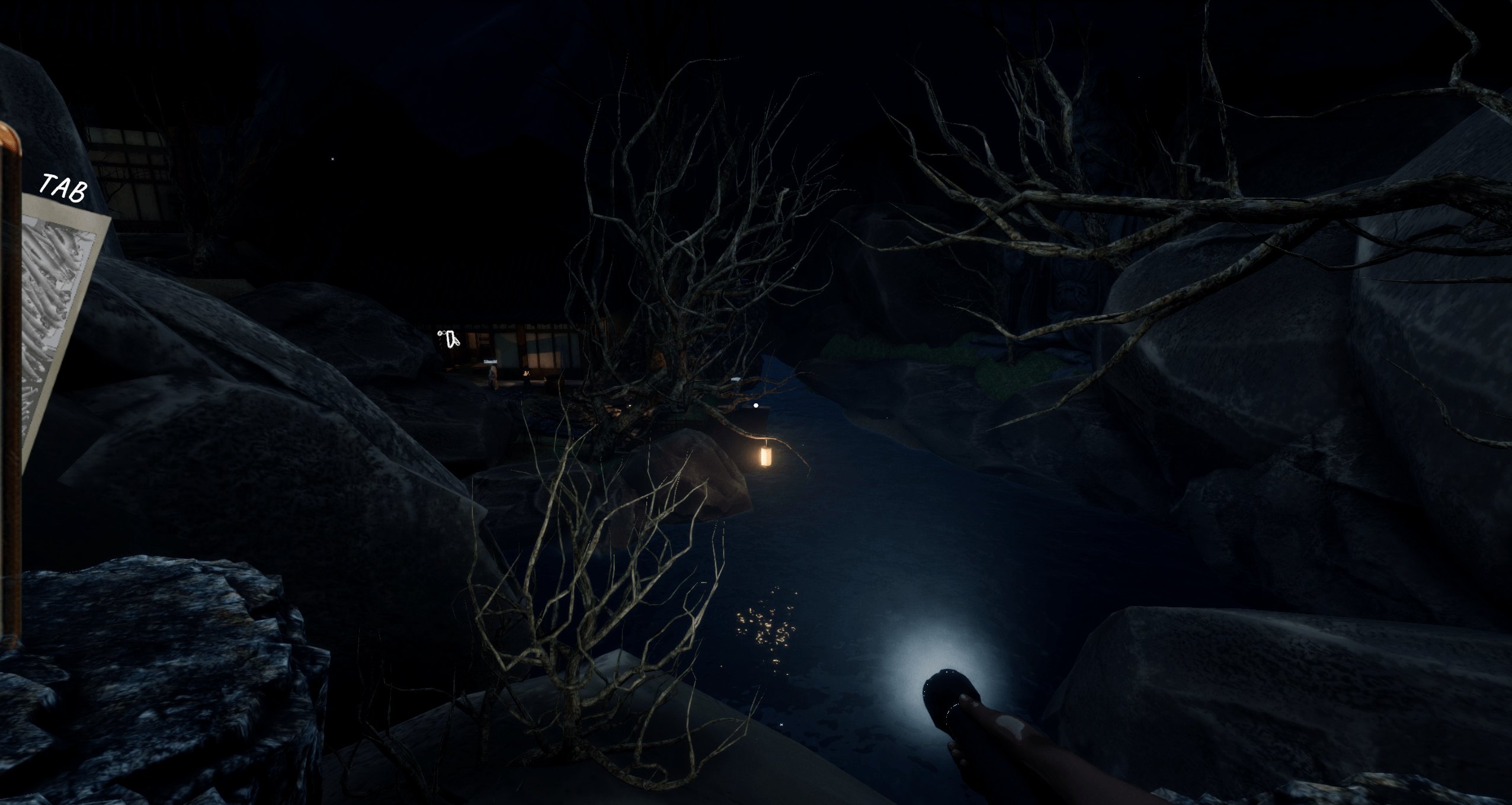 A dark interior room with a character named Liaochi.