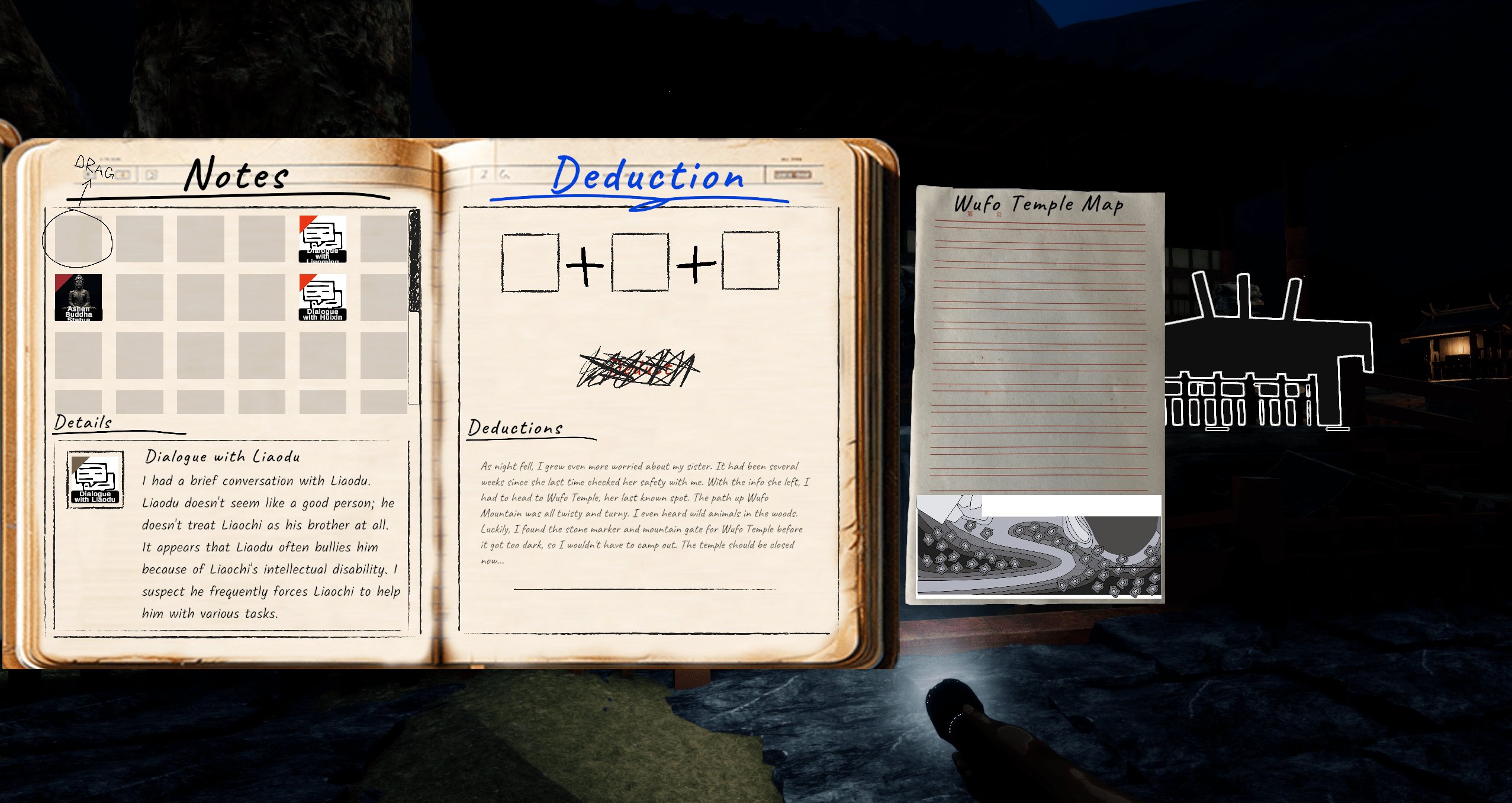 A dimly lit temple environment from first-person perspective.