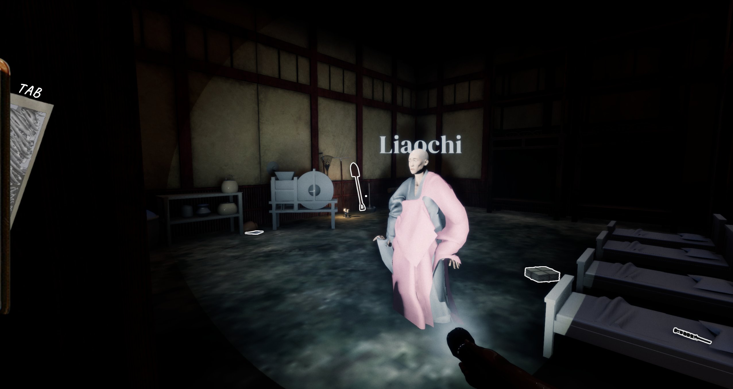 An investigation scene with interactable evidence elements.