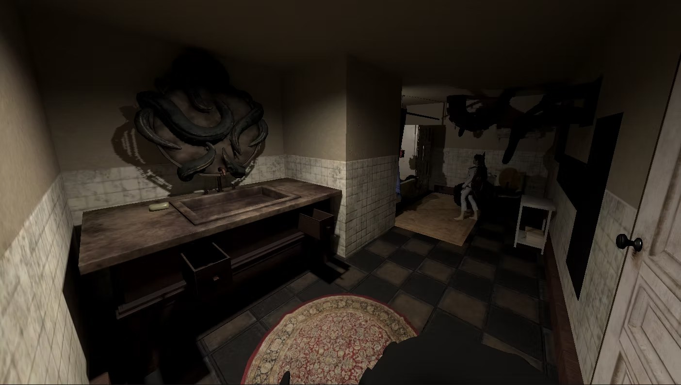 A dark room scene with a desk, carpet, and bed from The Escapist.
