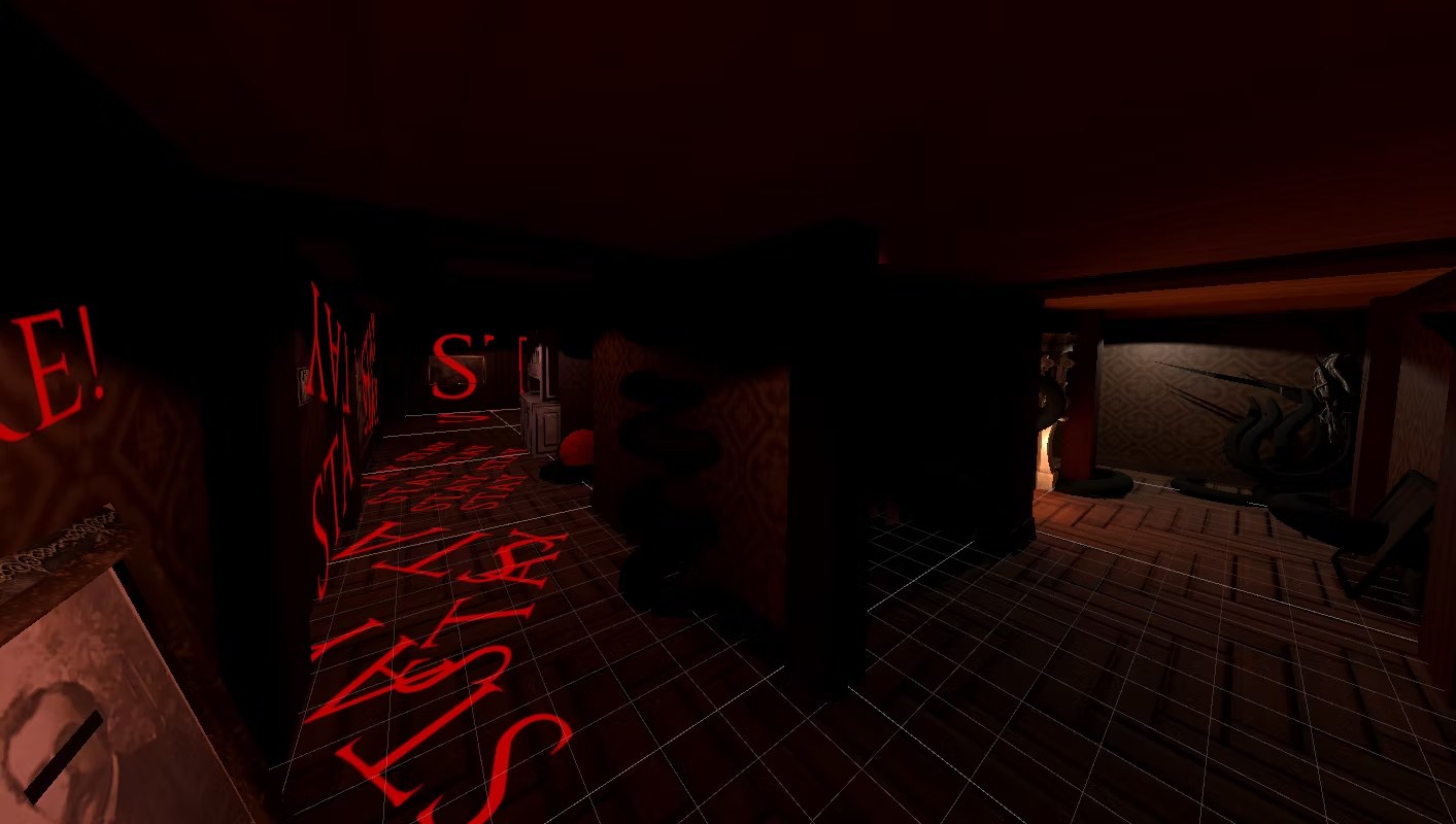 A red-lit corridor covered with warning writing in The Escapist.