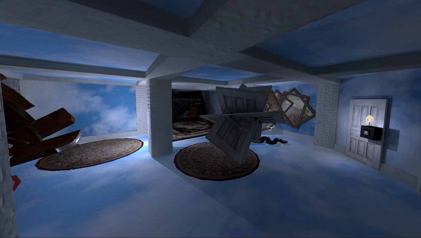 A pale blue room scene with suspended furniture and exploration space.