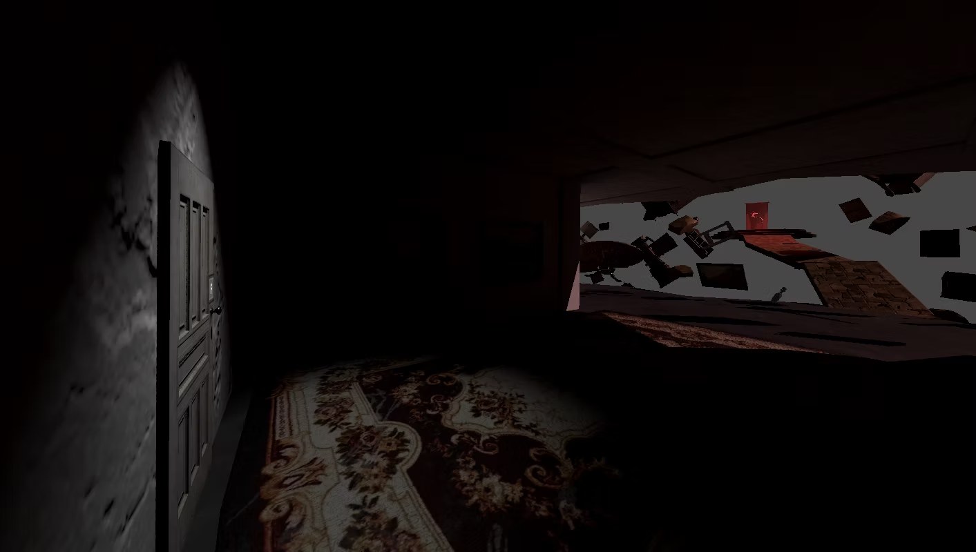 A dark bedroom scene with puzzle objects and shadows.