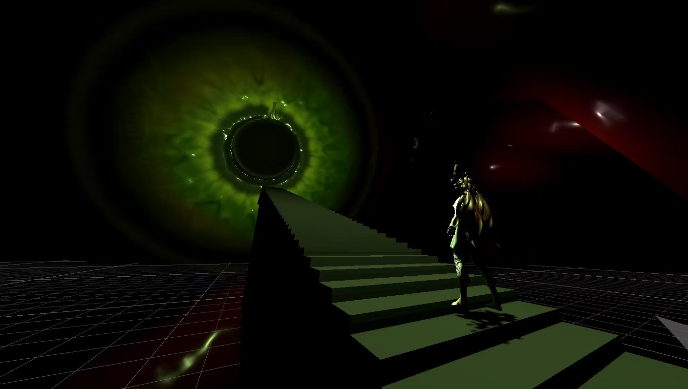 A surreal green-eye nightmare scene with the player character on a narrow route.