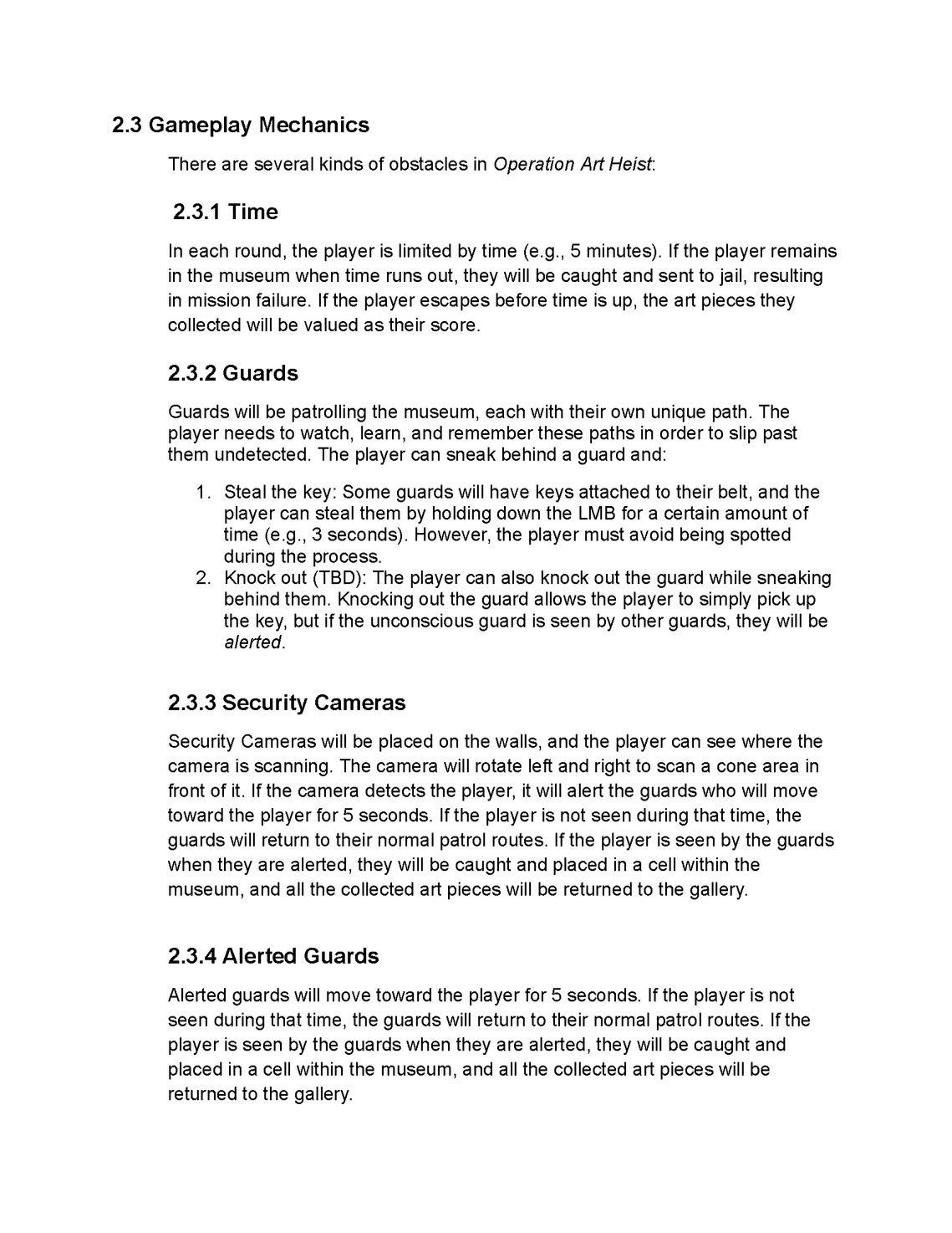 Operation Art Heist GDD page documenting player and stealth systems.