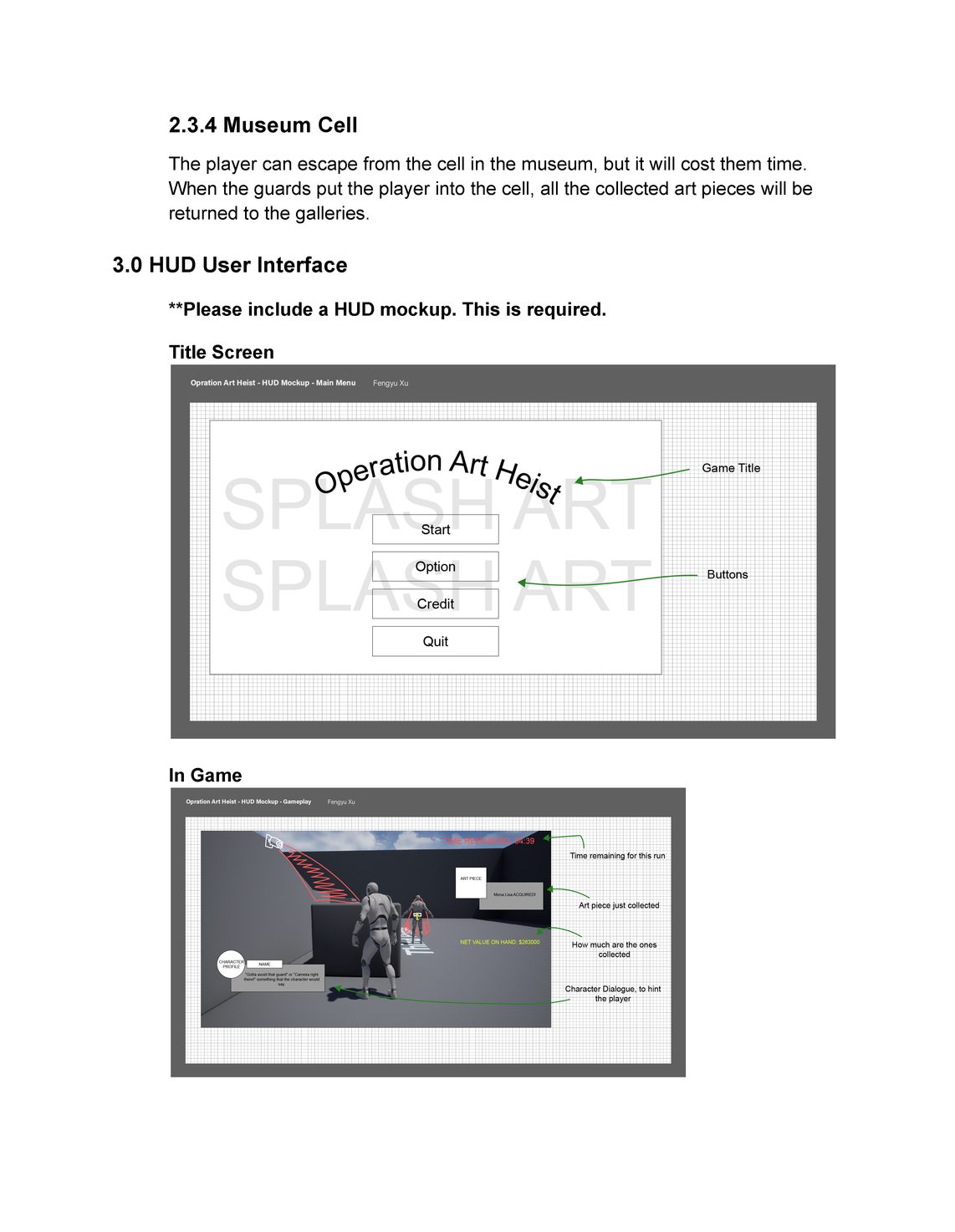 Operation Art Heist GDD page documenting design details.