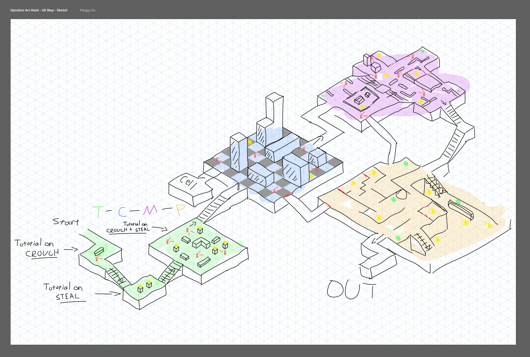Sketch map for Operation Art Heist showing tutorial, central, museum, and palace zones.