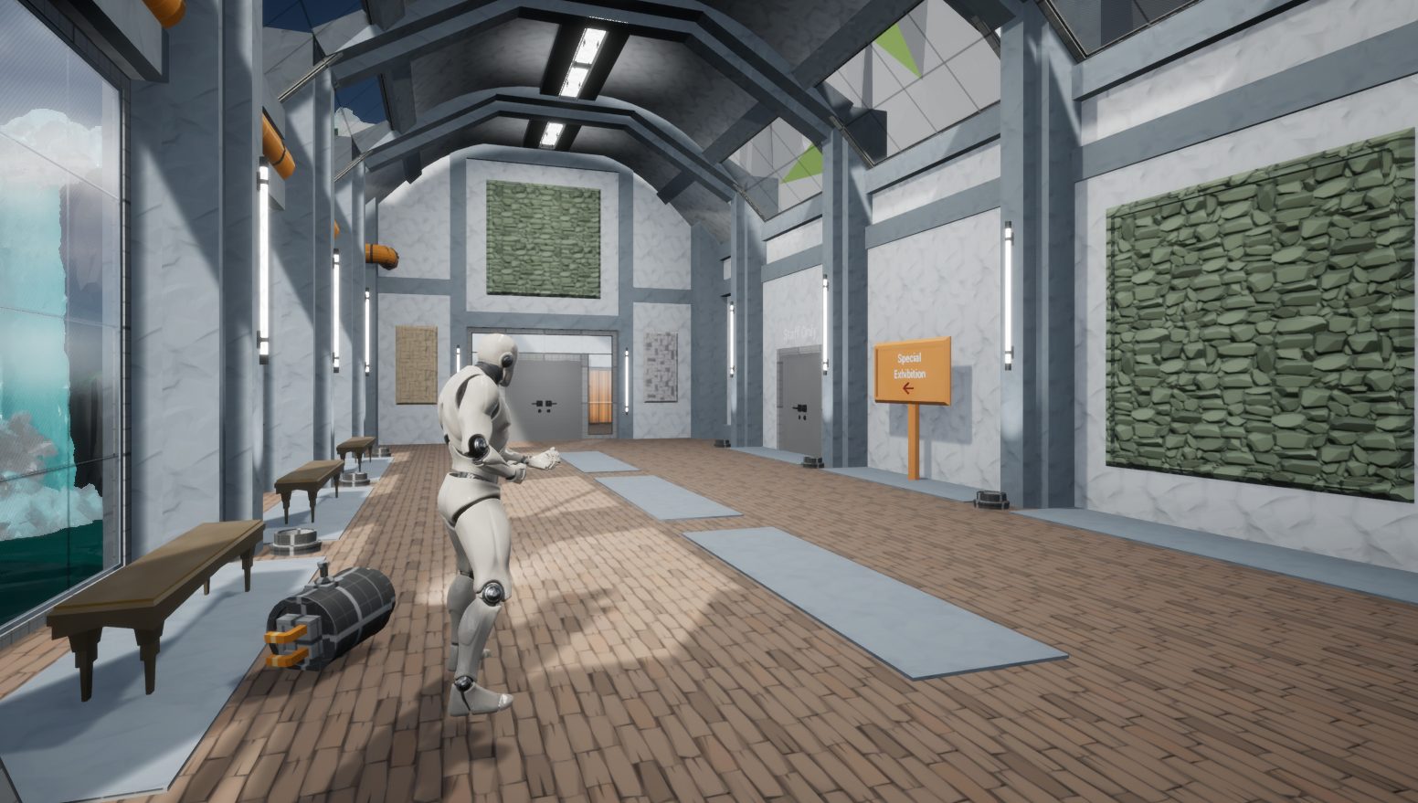 A third-person stealth scene in the museum environment.