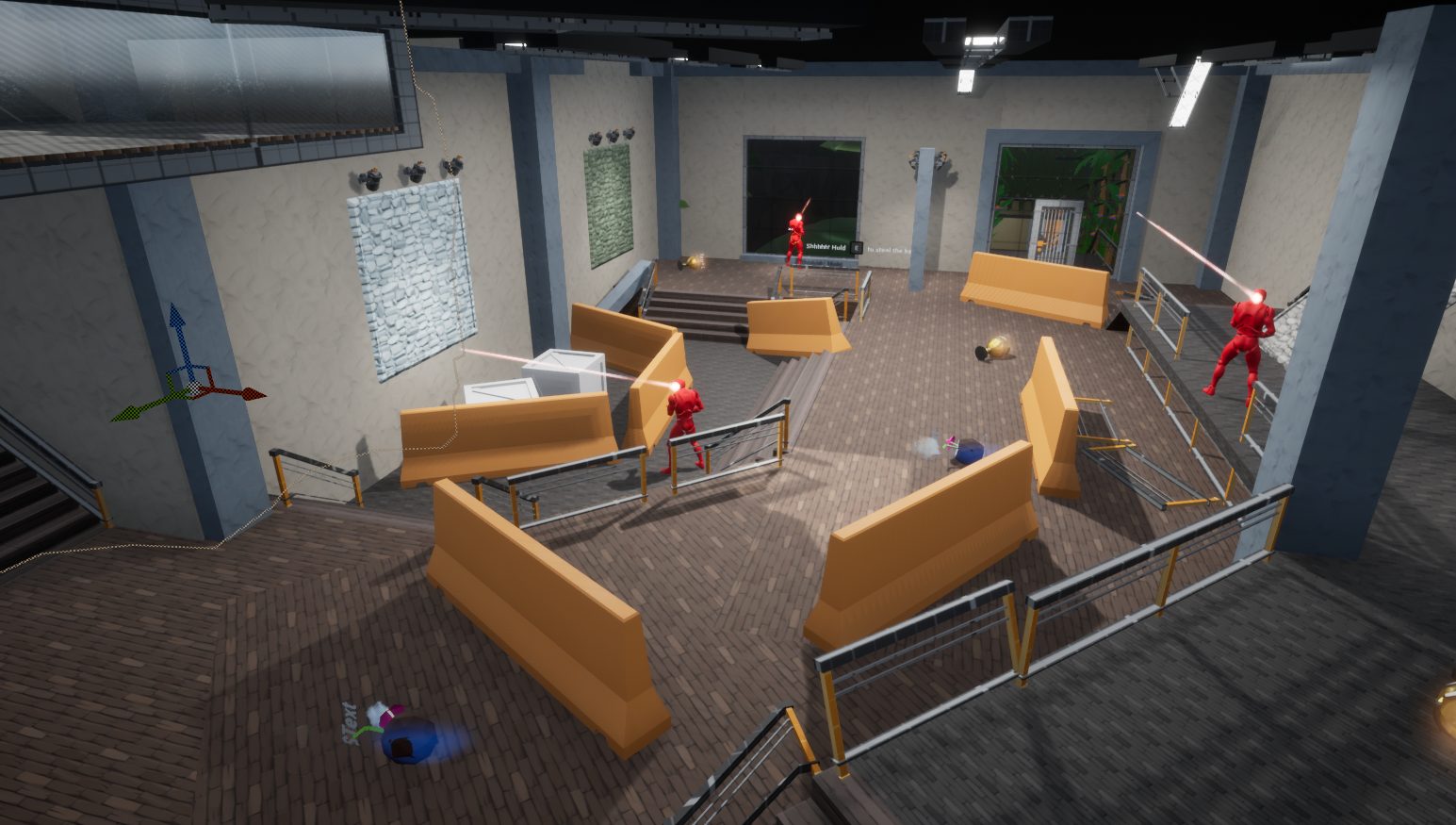 Gameplay screenshot showing the art heist level and route space.